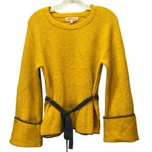 Philosophy Sweater Mustard Yellow Bell Sleeve Knit Belted Tie Waist M Crewneck